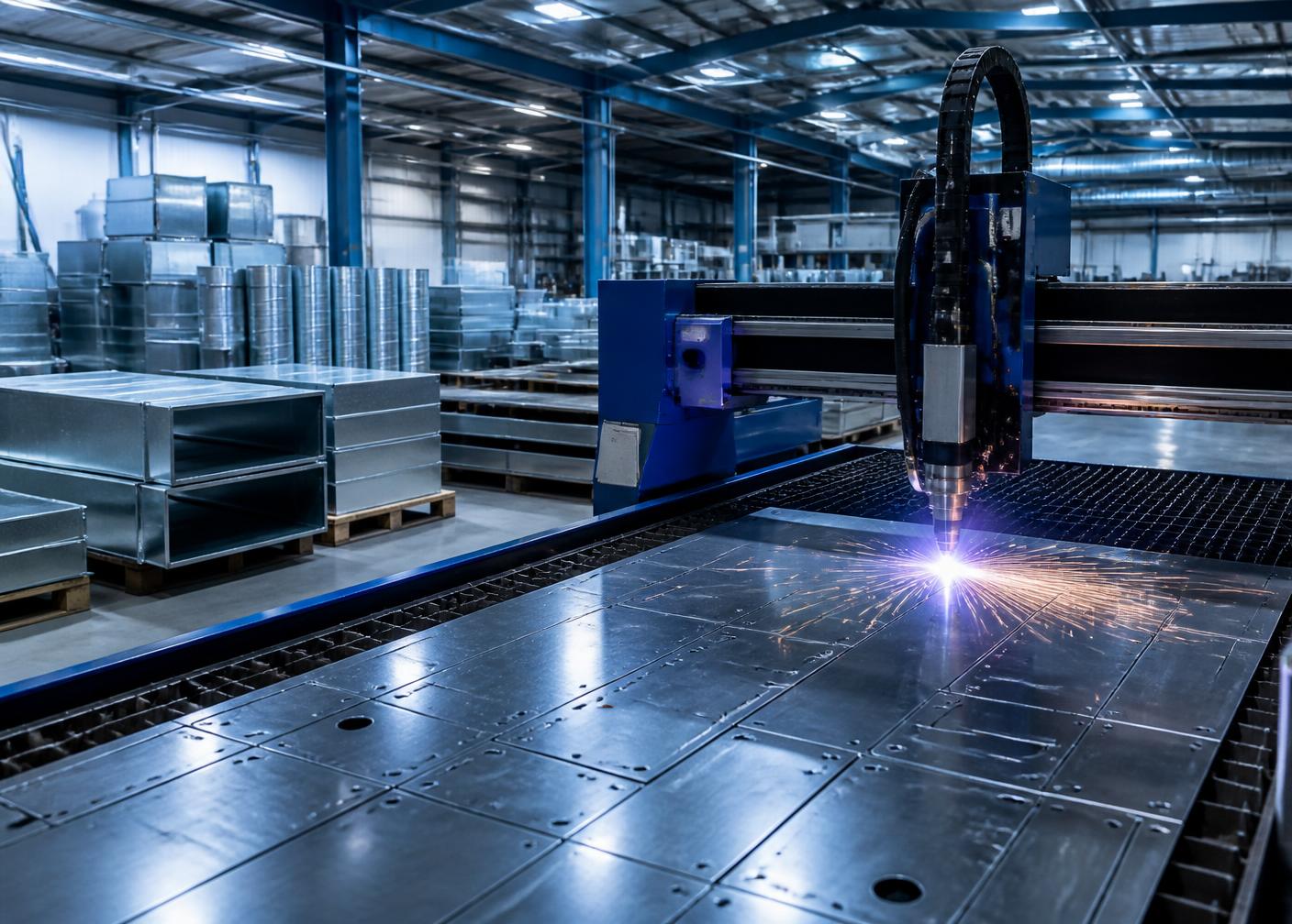 Máquina laser cortando chapa metálica na fábrica de dutos